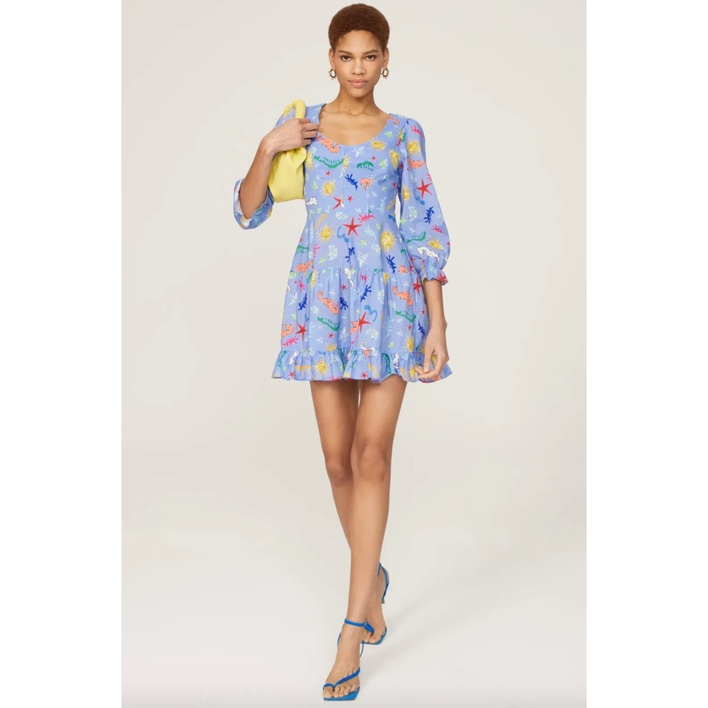 Rixo Ambretta Mini Dress Blue Ocean Sun Seahorse‎ Celestial Coastal Size M RTR